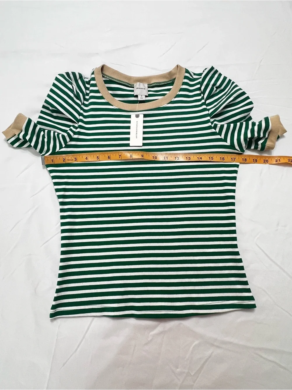 NWT Maeve Anthropologie Green Stripe Puff Sleeve Rib Knit Top M - Picture 3 of 12
